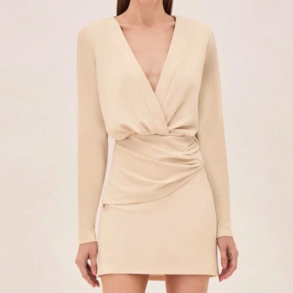 ALEXIS morci mini plunge cream v neck dress long sleeve